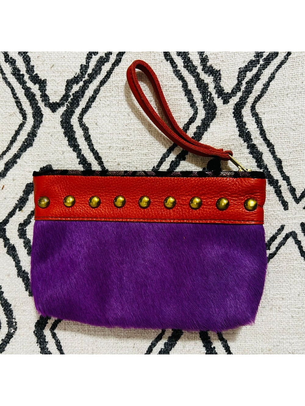 Artisan Purple Calf Hair Leather Wristlet Clutch Studded Sugar Skull Lining
